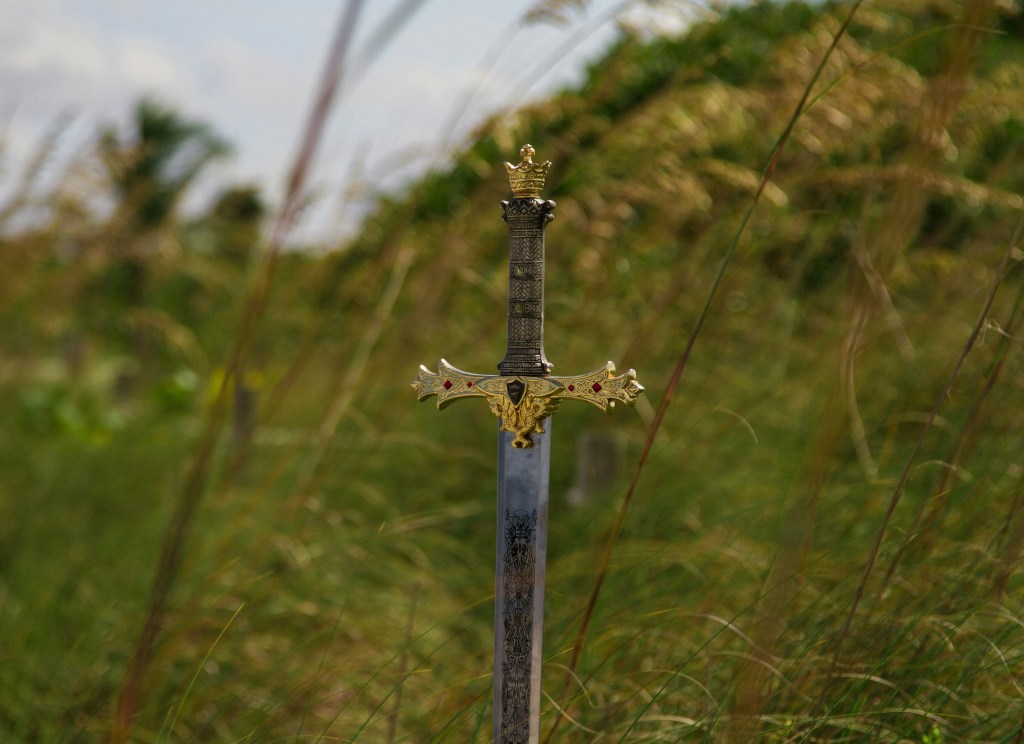 An image of a european medieval style sword stuck upright into the ground. It has a detailed golden hilt and intricate black designs on the blade. In the background, long grass is out of focus.